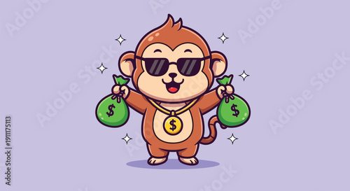Cute Monkey Wearing Sunglasses Holding Money Bags.