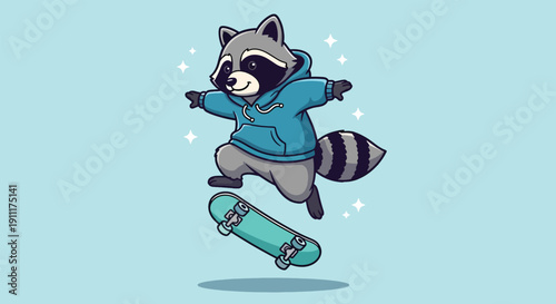Cute Raccoon Skater Doing an Ollie Trick Vector Illustration.