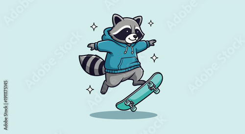 Cute Raccoon Skater Doing an Ollie Trick.