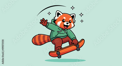 Cute Red Panda Character Riding a Skateboard Vector Illustration.