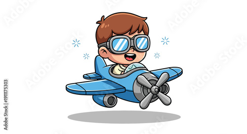 Happy Cartoon Boy Flying a Blue Airplane.