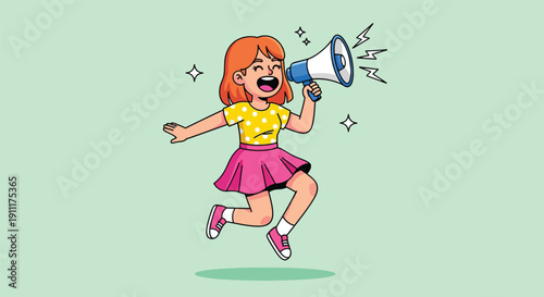 Happy girl jumping and shouting through a megaphone.