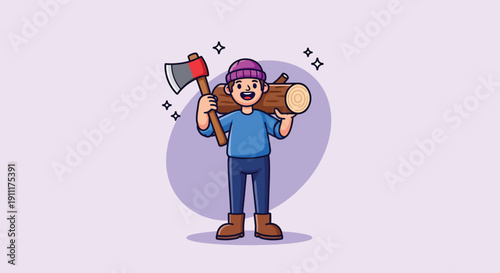 Happy Lumberjack Carrying Axe and Log Illustration.