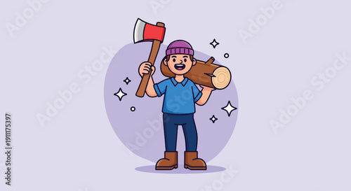 Happy Lumberjack Holding Axe and Log Illustration.