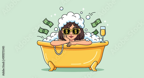 Wealthy woman enjoying a luxurious bubble bath with money falling around her.