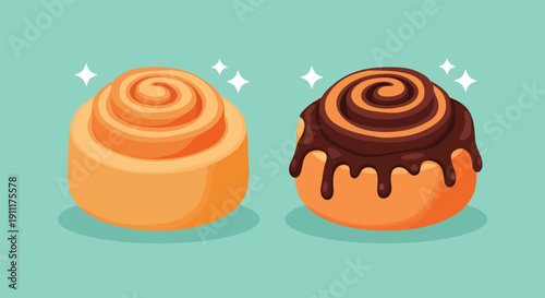 Two Delicious Cinnamon Rolls with Frosting and Chocolate Topping.