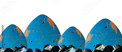 Modern surreal background with colorful triangular objects and glass abstractions. Dominant color blue, wooden shabby objects, rust, dark decorative glass. Sustainability concept. PNG