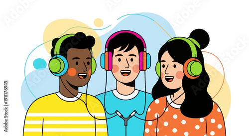 Three diverse young adults wearing headphones and smiling together in a lively illustration