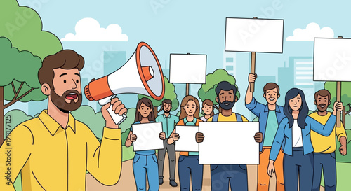Group of diverse people protesting with signs and megaphone in public park