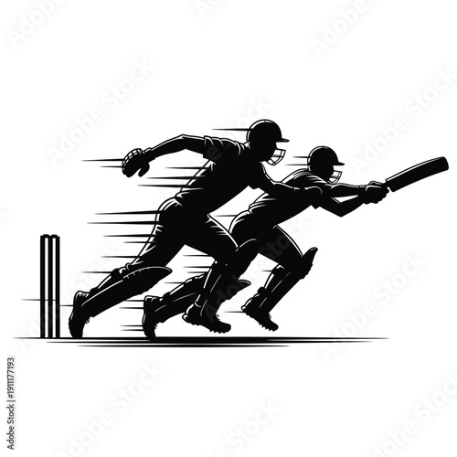Silhouette of cricketers running between the wickets during a game