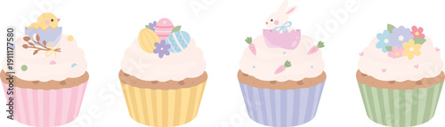 Cute vector Easter cupcakes with bunny, chick, eggs, and flowers. Sweet pastel desserts with festive spring decorations, perfect for Easter cards, stickers, packaging, and seasonal projects.