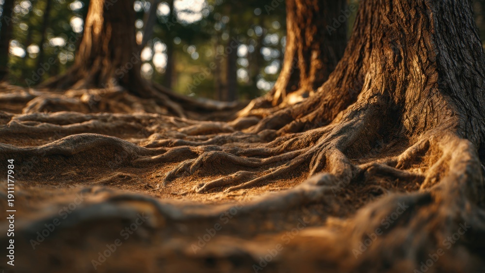 Fototapeta premium Exposed tree roots in forest floor