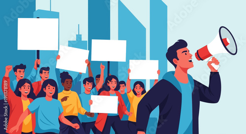 Protest leader holding megaphone in front of crowd with placards in urban environment