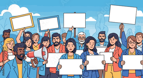 Diverse group of people holding signs and protesting in a peaceful demonstration outdoors