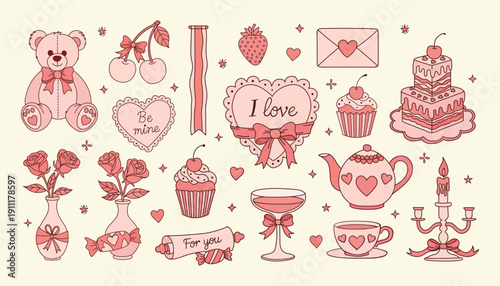 Hand drawn Valentine’s Day doodle illustration set with teddy bear, cakes, hearts, gifts and romantic celebration elements