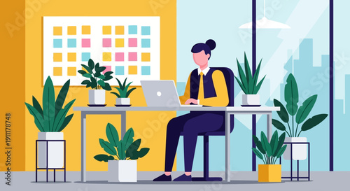 Woman working on laptop surrounded by plants in modern office environment