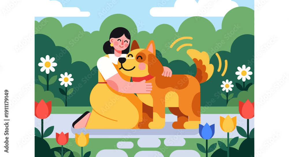 Naklejka premium Woman hugging dog in garden surrounded by flowers and trees on a sunny day
