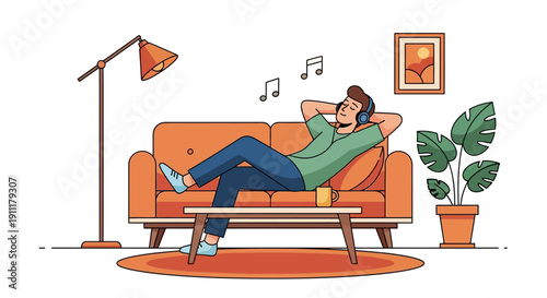 Man relaxing on orange couch listening to music at home with plants and lamp nearby in living room