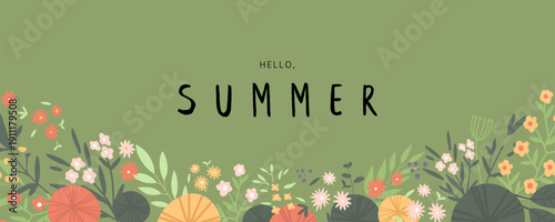 Summer green forest background with wild flowers, plants and leaves. Natural Hand Drawn Vector Illustration with Space for Text.