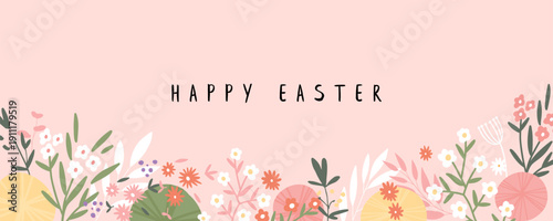 Fancy handdrawn floral easter background with space for text, vector illustration.