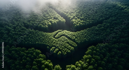 Sustainable Partnership Symbolized by Forest Green Handshake Aerial