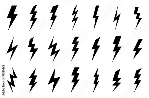 Black lightning bolt icon set vector.Lightning flashes during a thunderstorm.