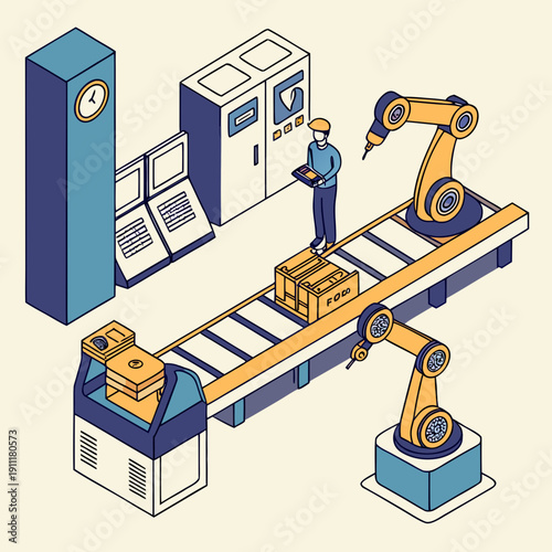 Industrial worker overseeing robotic assembly line production