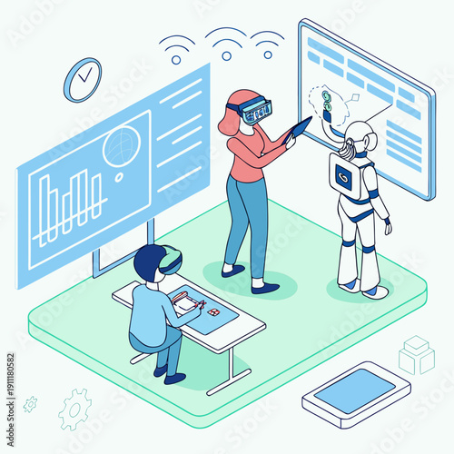 People working with virtual reality technology and robot in modern workspace