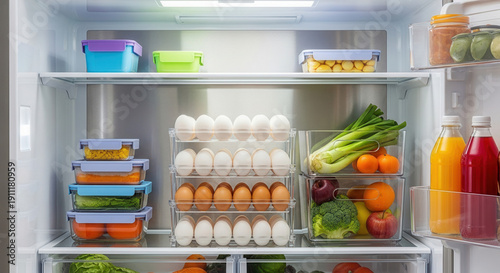 Stackable egg storage tray in fridge, organized food storage and kitchen management in family refrigerator