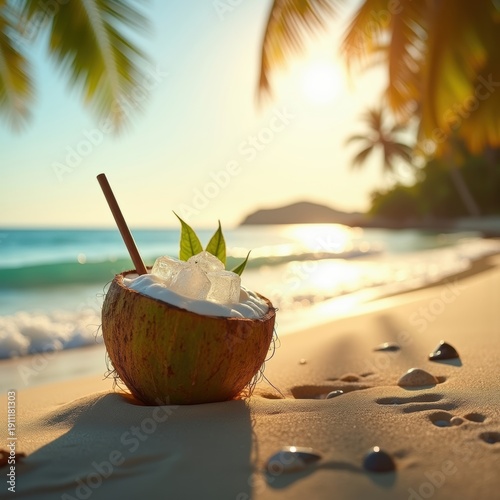 Coconut Water Beach Delight Sunny Tropical Paradise Sandy Shoreline