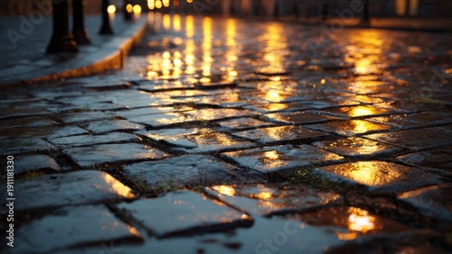 Wallpaper Mural Wet cobblestone street at night Torontodigital.ca