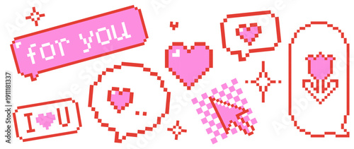 Bright bold pink Y2K pixel sticker set. Retro game 8-bit hearts, love speech bubbles, cursor icons. Cute emoji, playful tech vector elements for social media posts, Gen Z, digital love messages