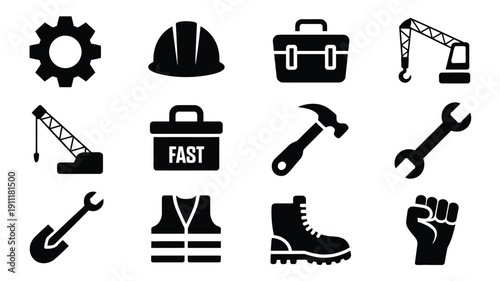 Collection of black construction icons including tools and safety gear on white background for labor day best seller