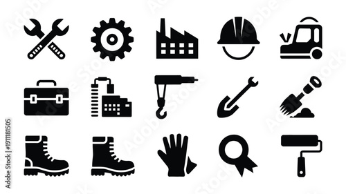Collection of labor day worker icons including tools hard hats and industrial equipment on white background