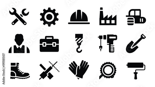 Collection of black silhouette icons depicting various labor day worker tools and symbols on white background
