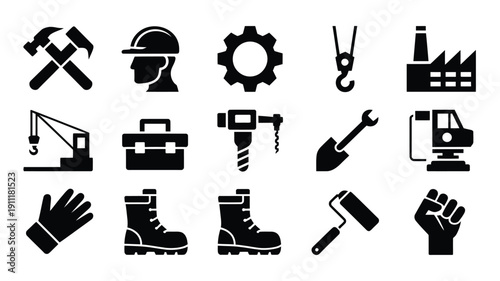 Industrial labor day silhouette icons set construction tools workers' safety gear and heavy machinery symbols