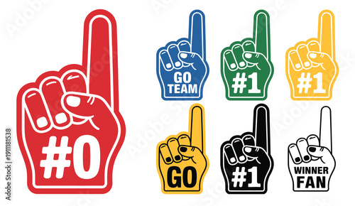 Fan Foam Hands Number One Set, Vector Illustration Of Sports Fan Finger Gloves With #1 Sign, Red Blue Green Black Icons Collection For Game Support, Winner Champion Celebration Concept Design.