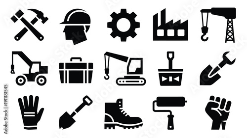 Industrial labor day silhouette icons set construction tools machinery and workers' symbols in black on white background for celebrating labor day