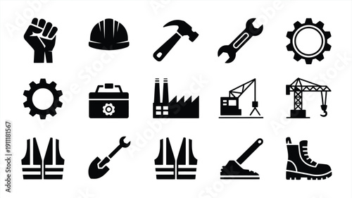 Labor day worker solidarity icons set with industrial tools and symbols on white background for business and social issues