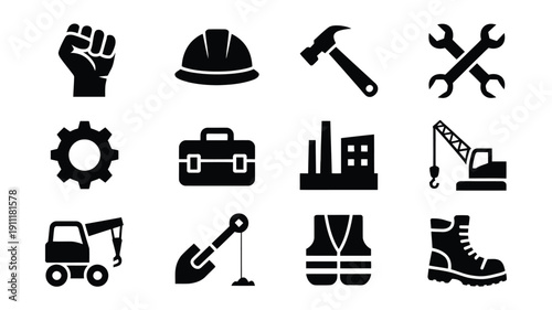 Labor day worker solidarity icons set black silhouette symbols for industry construction and labor rights on white background representing unity and workers' struggle