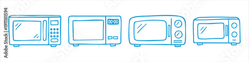 Set of four colorful hand-drawn microwave oven icons in black, red, and blue. Minimalist doodle style kitchen appliance illustrations on white.