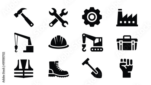 Black silhouette icons of labor day best selling symbols including tools and industrial equipment on white background