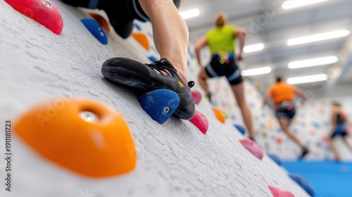 Steep ascent on an indoor climbing wall during a bouldering session
