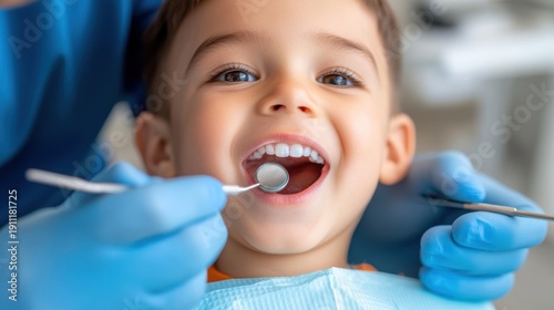 Excited little boy smiles while dentist checks teeth in clinic setting