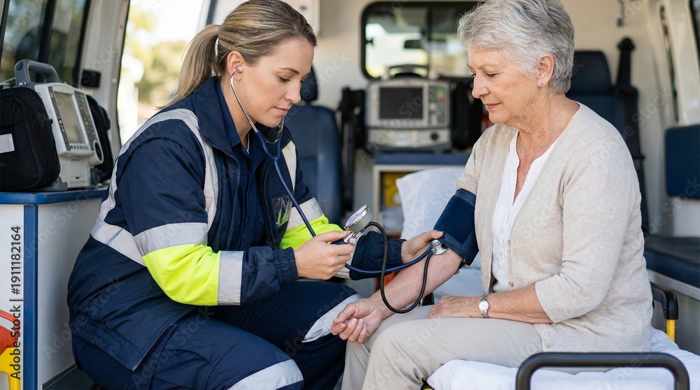 Obraz premium Female paramedic checking blood pressure of elderly woman in ambulance 