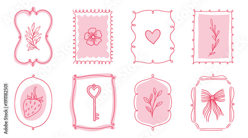 Coquette ribbon frame set with a bow. Hand-drawn vintage. For party invitation, and social media template decoration, and greetings in retro style. Vector minimalist border, doodle line art, banner.