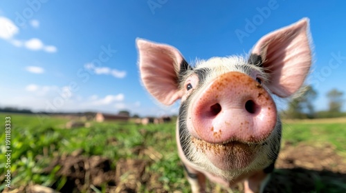 Spotted pig exploring a sunny farm field on a bright day