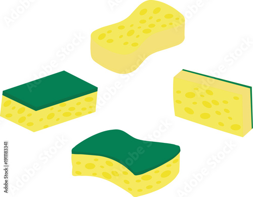 Set of yellow kitchen sponges with green scouring pads vector illustration for cleaning and household use
