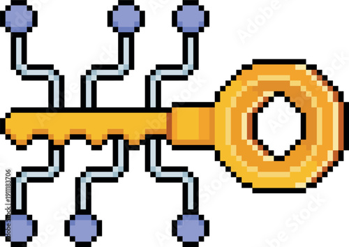 Pixel art of a digital security key with circuit board nodes, illustration with a concept of cybersecurity and data access isolated on a white 8-bit style background