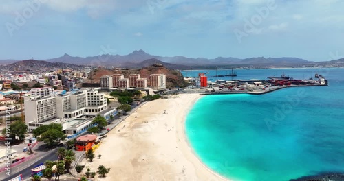 Aerial view of Laginha beach in Mindelo city in Sao Vicente Island in Cape Verde